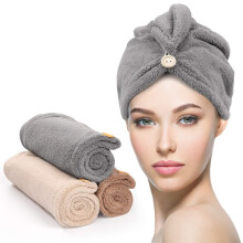 3-pack mikrofiberhårduk med knapp, superabsorberande snabbtorkande hårinpackningar för lockigt hår, anti-friss mikrofiberduk för kvinnor