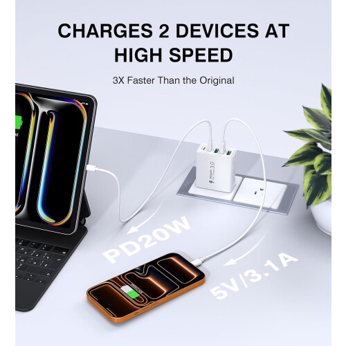 Φορτιστής τοίχου USB-C 60W 2 τεμαχίων, μπλοκ γρήγορης φόρτισης PD 5 θυρών (2C+3A), συμβατός 2