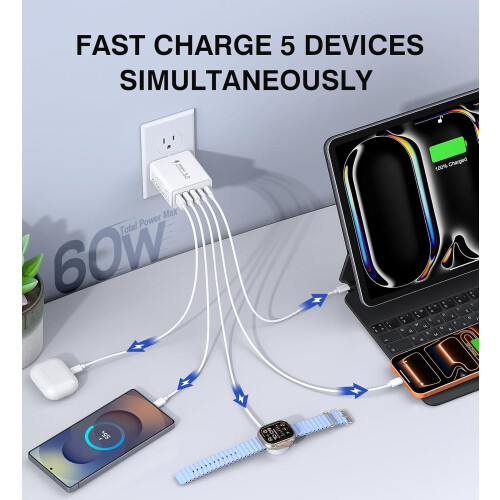 Φορτιστής τοίχου USB-C 60W 2 τεμαχίων, μπλοκ γρήγορης φόρτισης PD 5 θυρών (2C+3A), συμβατός 1