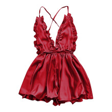 Lingerie Sexy de Renda para Mulheres 2025 Camisola com Decote em V, Alças e Babados em Tons de Bordô