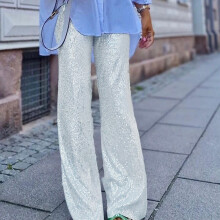 Sequin Pants for Women, Womens Sparkly High Waisted Trousers, Solid Color Sequins Fashion Casual Straight Pants Silver