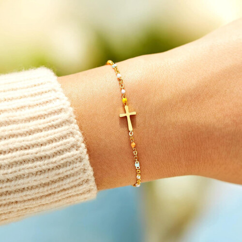 Bracciale da donna con croce cristiana, in oro, stile boho. 1