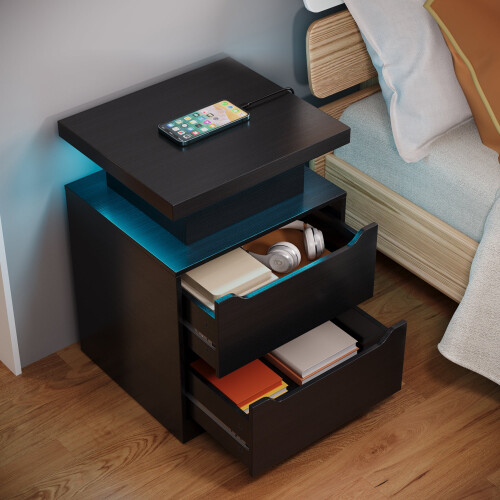 Nightstand with Charging Station and RGB Lights Black 2