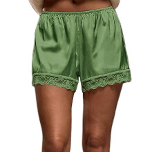 (L, Green) Short de détente pour femme, short de pyjama ample à taille élastique et empiècements en dentelle.