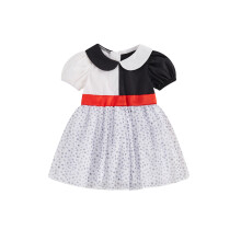(18-24 Months, White) Halloween-Kleid für kleine Mädchen mit Punktmuster, kurzen Puffärmeln, Puppenkragen und A-Linien-Kleid