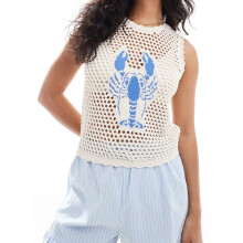 (S, White) Débardeur sans manches à col rond et imprimé homard pour femme, coupe ajustée, style décontracté, pull d'été ajouré