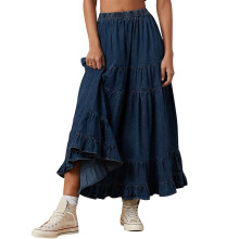 (XL, Dark Blue) Női laza farmer szoknya, A-vonalú, rugalmas derékkal, nyári, egyszínű, fodros design.