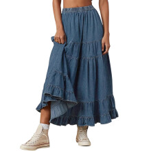 (L, Blue) Női laza farmer szoknya, A-vonalú, rugalmas derékkal, nyári, egyszínű, fodros design.