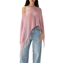 (M, Pink) Womens Crochet Coverups with Tassels Loose Solid Color Hollowed Off Shoulder Swimsuit Cover Up Tops