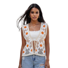 (XL, Ivory) Débardeurs à marguerites en crochet pour femmes, gilet sans manches tendance avec découpes et nœud sur le devant