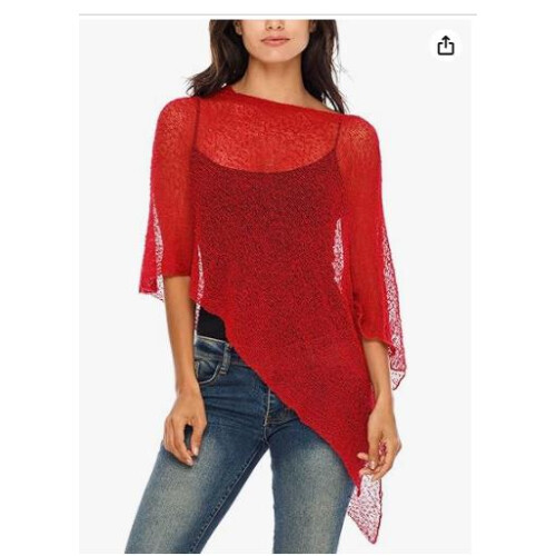 (One Size, Red) Women Knit Cover-up, See-through Solid Irregular Loose Pullover Summer Beach Tops 1