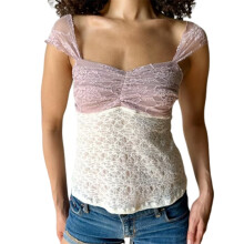 (S, Lavender) T-shirt d'été basique en dentelle pour femme, manches courtes, coloris contrastés, style streetwear grunge.