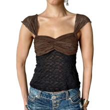 (M, Black) T-shirt d'été basique en dentelle pour femme, manches courtes, coloris contrastés, style streetwear grunge.