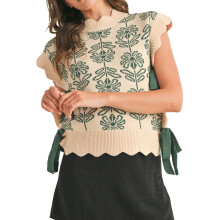 (M, Green) Womens Flower Knit Vest Scallop Trim Crew Neck Side Tie Bow Sleeveless Sweater Tops Casual Streetwear