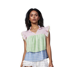 (M, Multi-Color) Débardeurs à carreaux pour femmes, style été, col V, manches volantées, patchwork, coupe ample