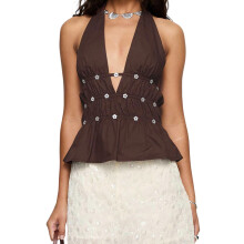 (S, Dark Brown) Débardeurs dos nu à col V profond et boutons pour femmes, style streetwear grunge, été