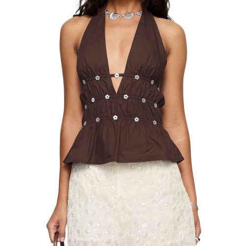 (S, Dark Brown) Blusas femininas com o verão.