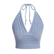 (M, Blue) Débardeurs courts en maille pour femmes, sans manches, à nouer, col halter, couleur unie, chemises d'été