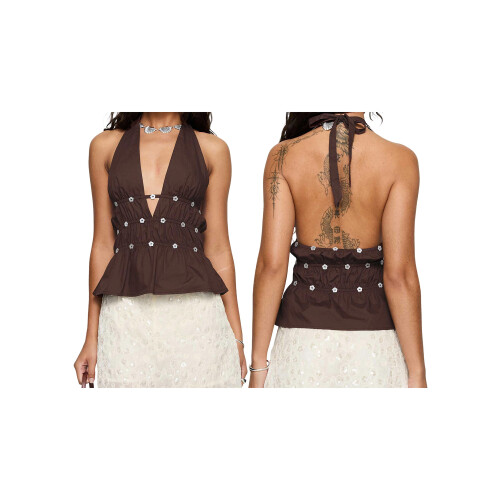 (S, Dark Brown) Blusas femininas com o verão. 1