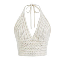 (M, White) Débardeurs courts en maille pour femmes, sans manches, à nouer, col halter, couleur unie, chemises d'été