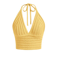 (S, Yellow) Débardeurs courts en maille pour femmes, sans manches, à nouer, col halter, couleur unie, chemises d'été