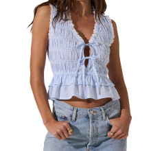 (L, Blue) Débardeurs à nœud papillon pour femmes, élégants gilets sans manches à volants et fronces en dentelle pour l'été