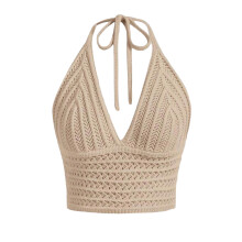 (S, Khaki) Débardeurs courts en maille pour femmes, sans manches, à nouer, col halter, couleur unie, chemises d'été