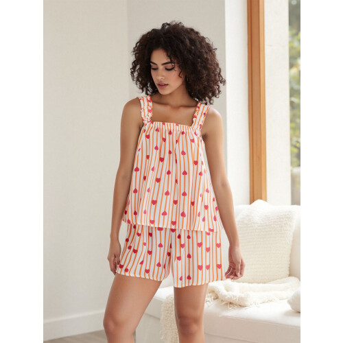 (XL, Orange) Γυναικείο Casual Σετ Στάμπα Ήλιου/Καρδιάς 2