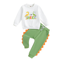 (3-4 Years, Green) Ensemble anniversaire 2 ans garçon : sweat-shirt manches longues, pantalon long et tenue dinosaure.