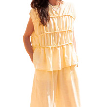 (XL, Yellow) T-shirts d'été pour femmes, à manches courtes, col rond, froncés et smockés, unis.