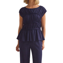 (L, Dark Blue) T-shirts d'été pour femmes, à manches courtes, col rond, froncés et smockés, unis.