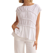(M, White) T-shirts d'été pour femmes, à manches courtes, col rond, froncés et smockés, unis.