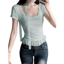 (L, Light Blue) Women Short Sleeve T-Shirts Lace Trim Round Neck Shirts Summer Slim Fit Casual Tops with Scarf