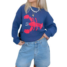 (M, Navy Blue) Women Knit Sweater Long Sleeve Crew Neck Crayfish Pullover Warm Sweater for Fall Winter