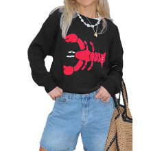 (M, Black) Pull en maille pour femme, manches longues, col rond, motif écrevisses, pull chaud pour l'automne et l'hiver