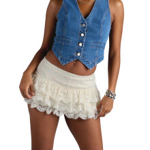 (S, Beige) Women Summer Mini Skirts Casual Elegant Low Rise Layered Ruffle Lace Skirt for Beach Vacation Club