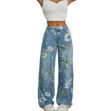 (L, Blue) Pantalon en jean imprimé floral pour femme, léger, taille mi-haute, jambes larges et amples