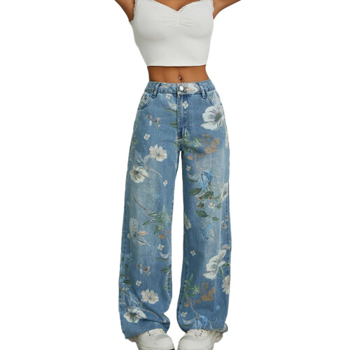 (XL, Blue) Γυναικείο τζιν παντελόνι με φλοράλ στάμπα, ελαφρύ και φαρδύ, μεσαίας μέσης