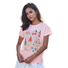 (S, Pink) Women T-shirt, Crew Neck Short Sleeve Fruit Print Summer Loose Tops for Casual Daily