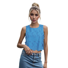 (L, Blue) Women Summer Tank Tops Casual Tie up Side Floral Embroidery Sleeveless Shirt Basic Vest for Streetwear