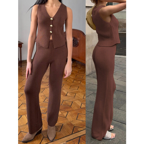 (L, Dark Brown) Γυναικείο πλεκτό σετ καλοκαιρινά ρούχα 1