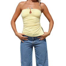 (M, Yellow) Women's Metal Ring Decor Tube Tops Yellow Sleeveless Off Shoulder Cropped Bandeau