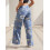 (XL, Blue) Γυναικείο τζιν παντελόνι με φλοράλ στάμπα, ελαφρύ και φαρδύ, μεσαίας μέσης 2