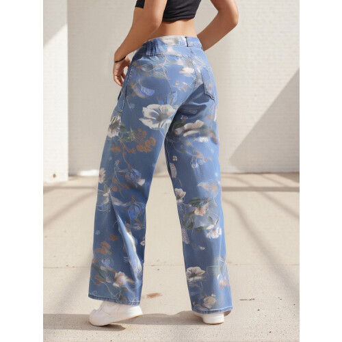 (XL, Blue) Γυναικείο τζιν παντελόνι με φλοράλ στάμπα, ελαφρύ και φαρδύ, μεσαίας μέσης 1