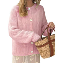 (L, Pink) Women Knit Cardigan Long Sleeve Button Closure Solid Fall Casual Jacket Sweater Streetwear