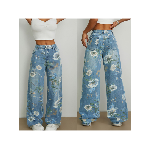 (XL, Blue) Γυναικείο τζιν παντελόνι με φλοράλ στάμπα, ελαφρύ και φαρδύ, μεσαίας μέσης 2