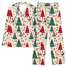Set pigiama natalizio da donna, stampa Babbo Natale, maniche lunghe, abbottonatura frontale, vita elasticizzata in quattro direzioni, taglie dalla S