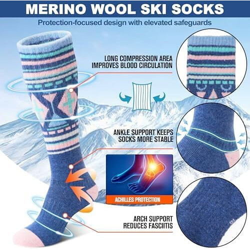 Κάλτσες σκι από μαλλί Merino, θερμικές, χειμερινές, μέχρι το γόνατο, 3 ζευγάρια 2