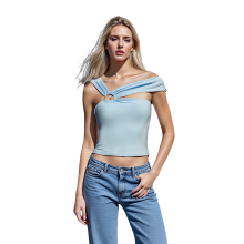 (L, Blue) Débardeurs femmes, slim fit, uni, sans manches, dos nu, courts, style streetwear été tendance