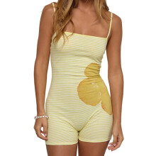 (S, Yellow) Tuta intera estiva da donna senza maniche con spalline sottili e stampa floreale, pantaloncini corti